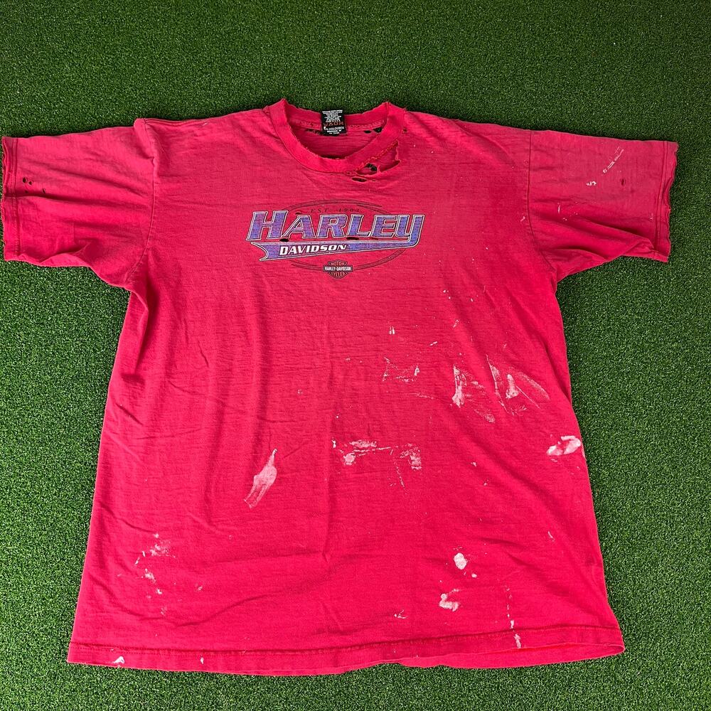 Y2K Thrashed Vintage Harley Davidson Baton Rouge Red Graphic T Shirt Sz XXL
